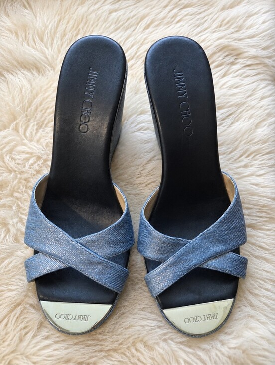 Jimmy Choo Shoes - Jimmy Choo Glitter Denim Blue Crisscross Slide Mules 38
